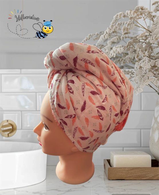 Turban sèche cheveux plumes corail