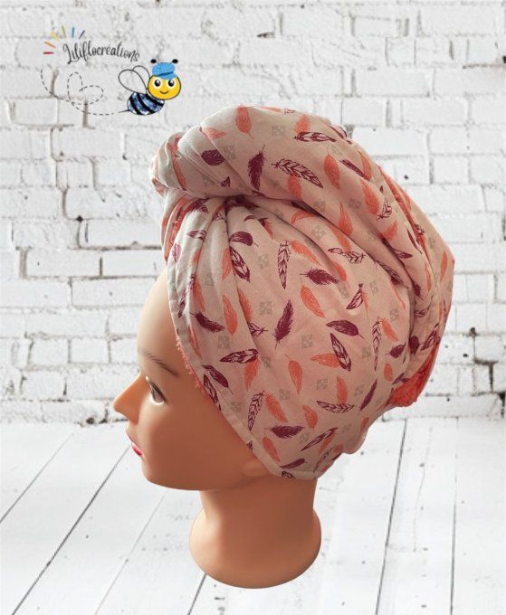 Turban sèche cheveux plumes corail