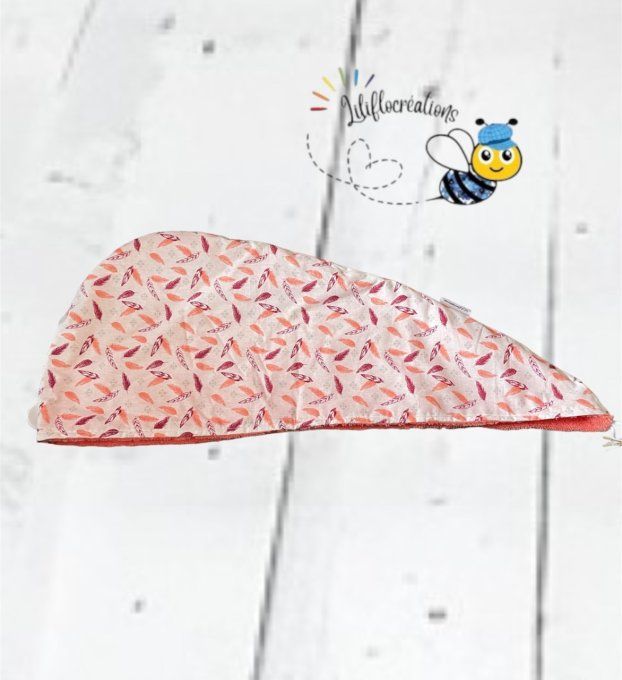 Turban sèche cheveux plumes corail