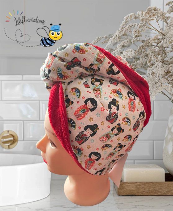 turban sèche cheveux imprimé geisha éponge bambou rouge