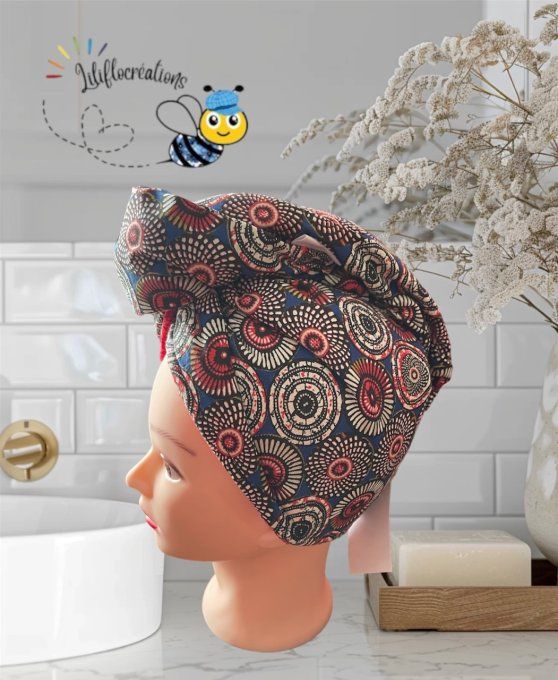 Turban sèche cheveux imprimé wax éponge bambou rouge